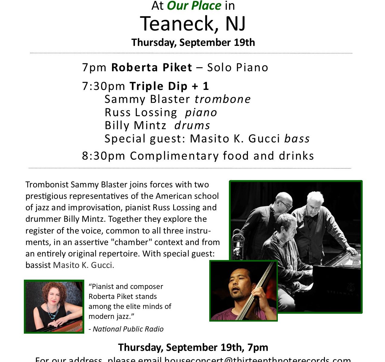 Flyer for Sept 19th house concert in Teaneck